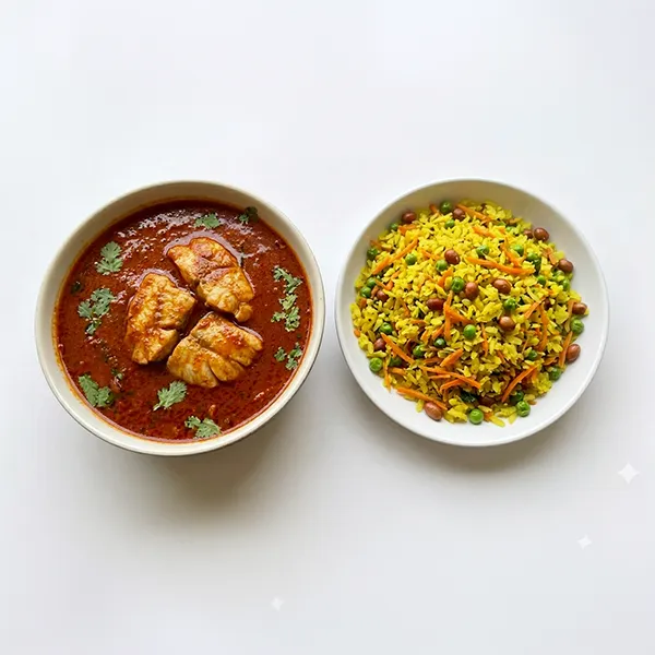 Goan Ambotik Fish With Carrot Flattened Rice